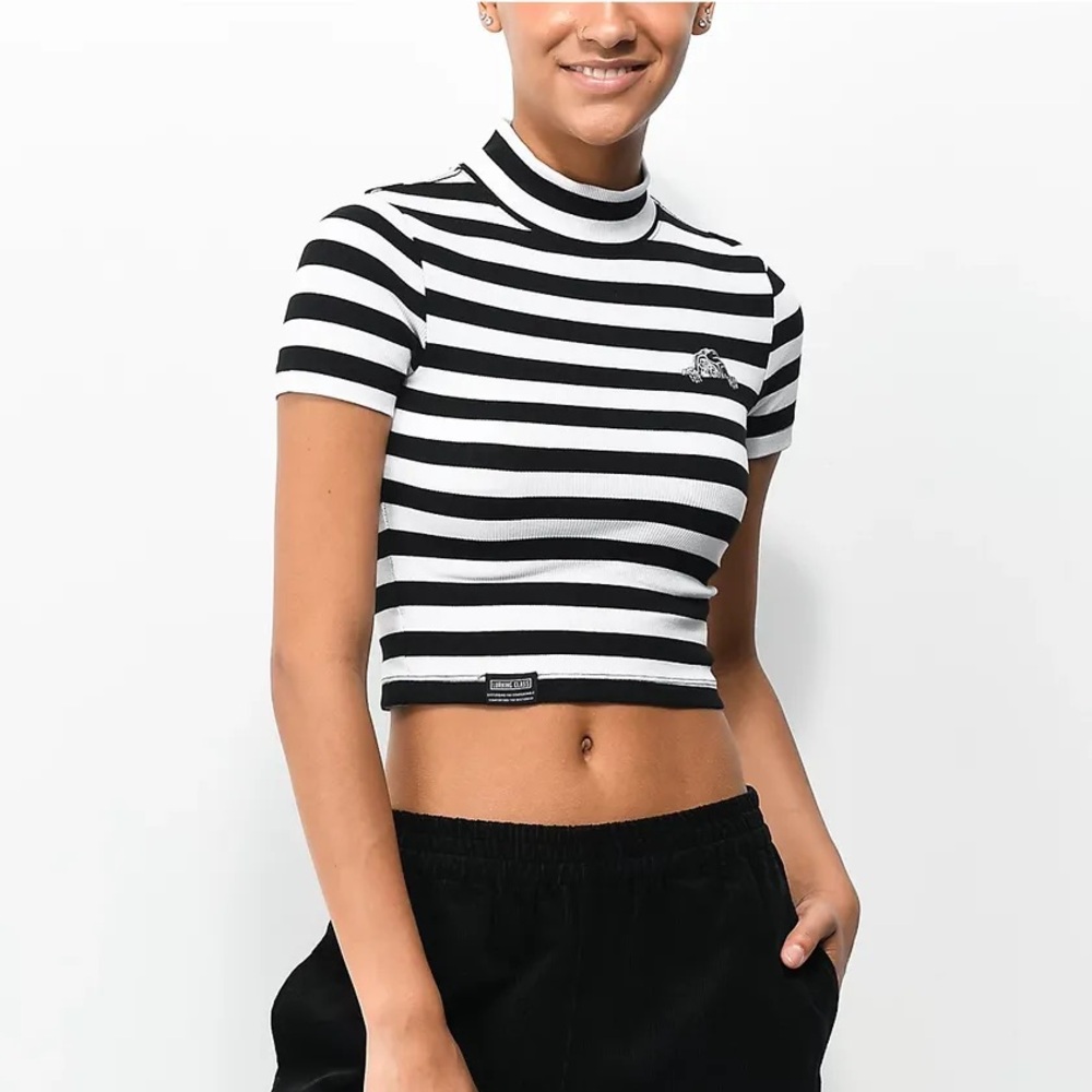 Lurking Class by Sketchy Tank Lurker Black and White Stripe Mock Neck Crop Top